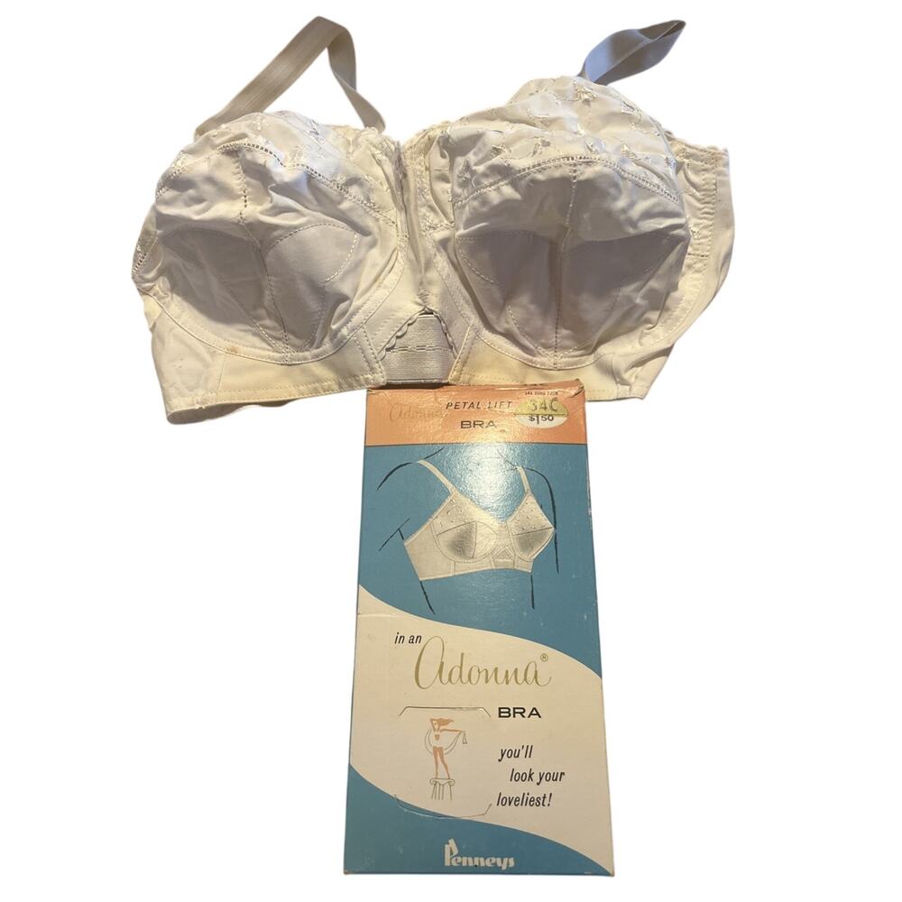 NWT Vintage 60s Penney’s Adonna Bullet Bra White Floral Lace 34C USA Made NIB